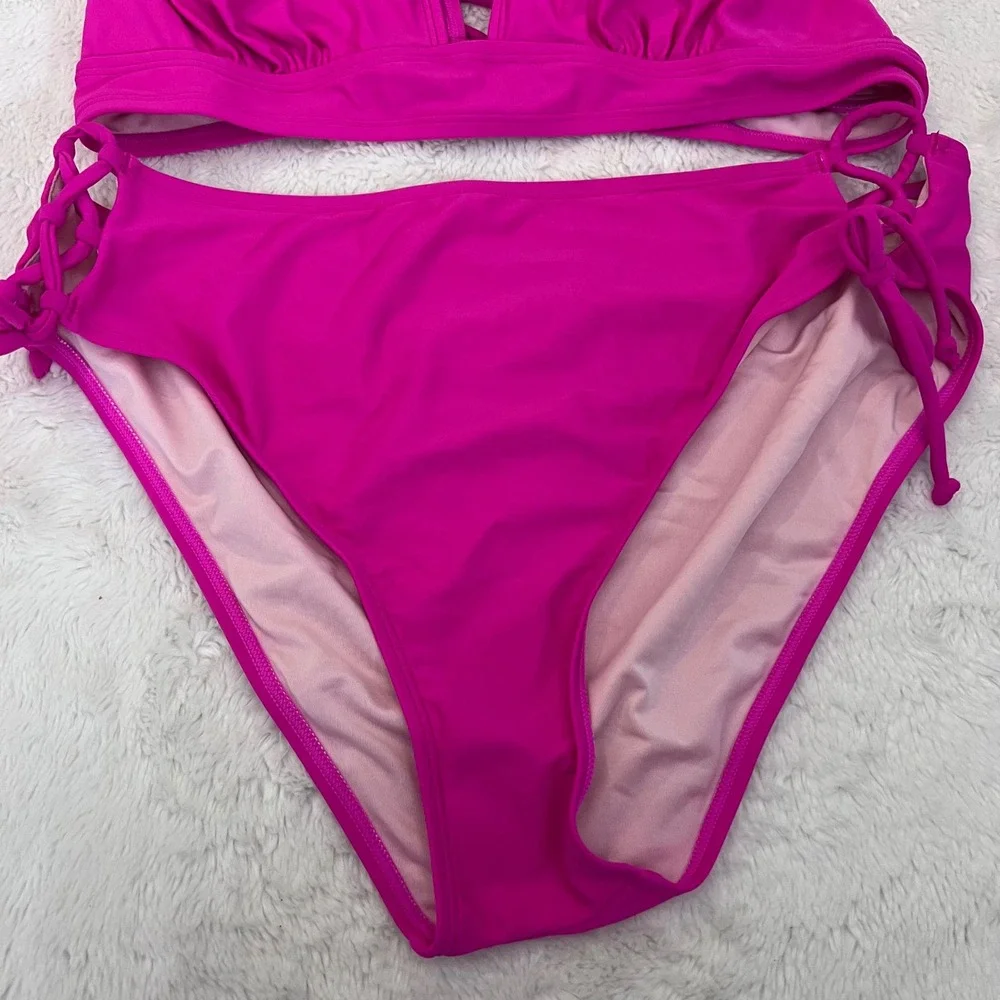 Cupshe‎ Women's Fuchsia Pink Bikini Set High Waisted Side Tie Size Large NWT